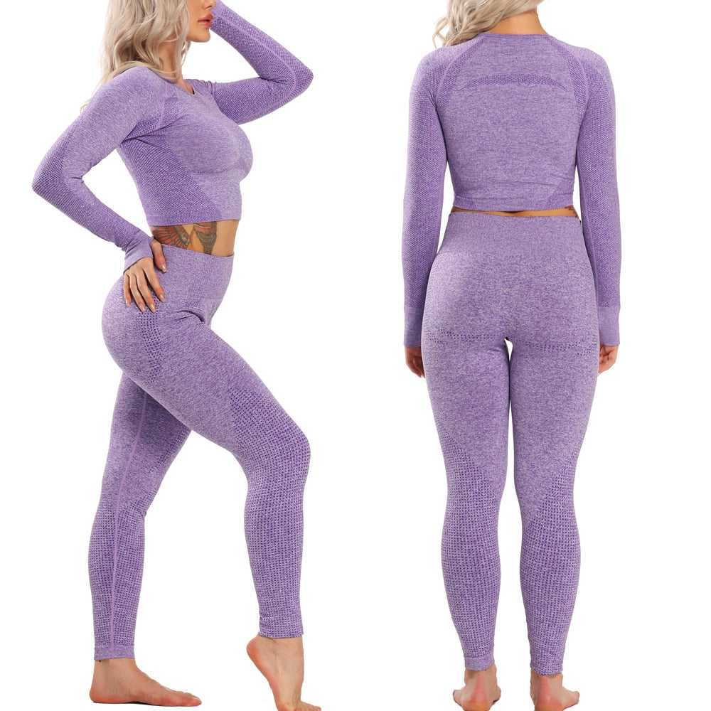 Lila Enfärgade Seamless Mesh Yogaset Tights Med Hög Midja & Top