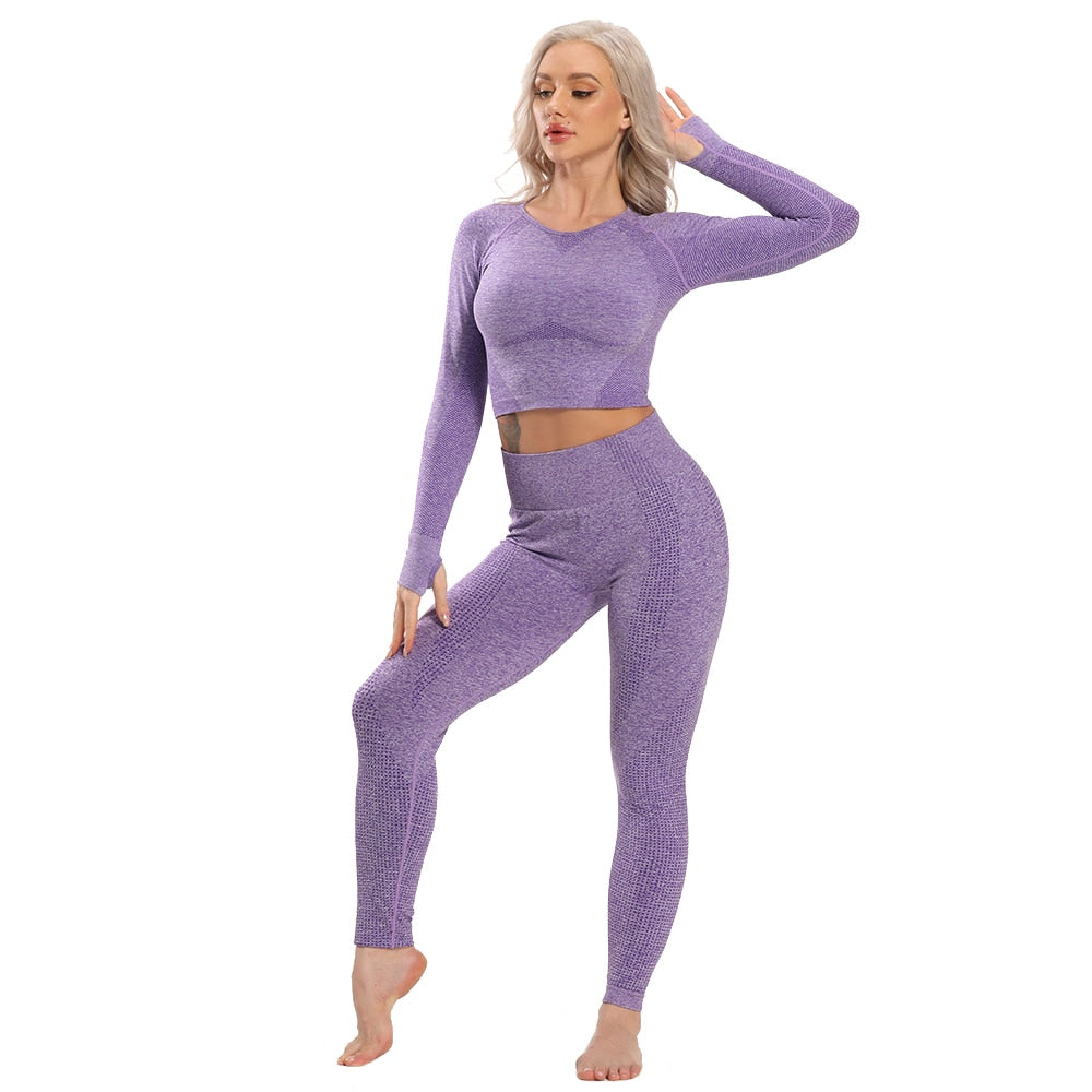 Lila Enfärgade Seamless Mesh Yogaset Tights Med Hög Midja & Top