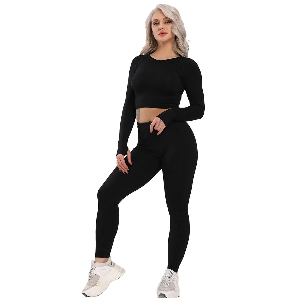 Svart Enfärgade Seamless Mesh Yogaset Tights Med Hög Midja & Top