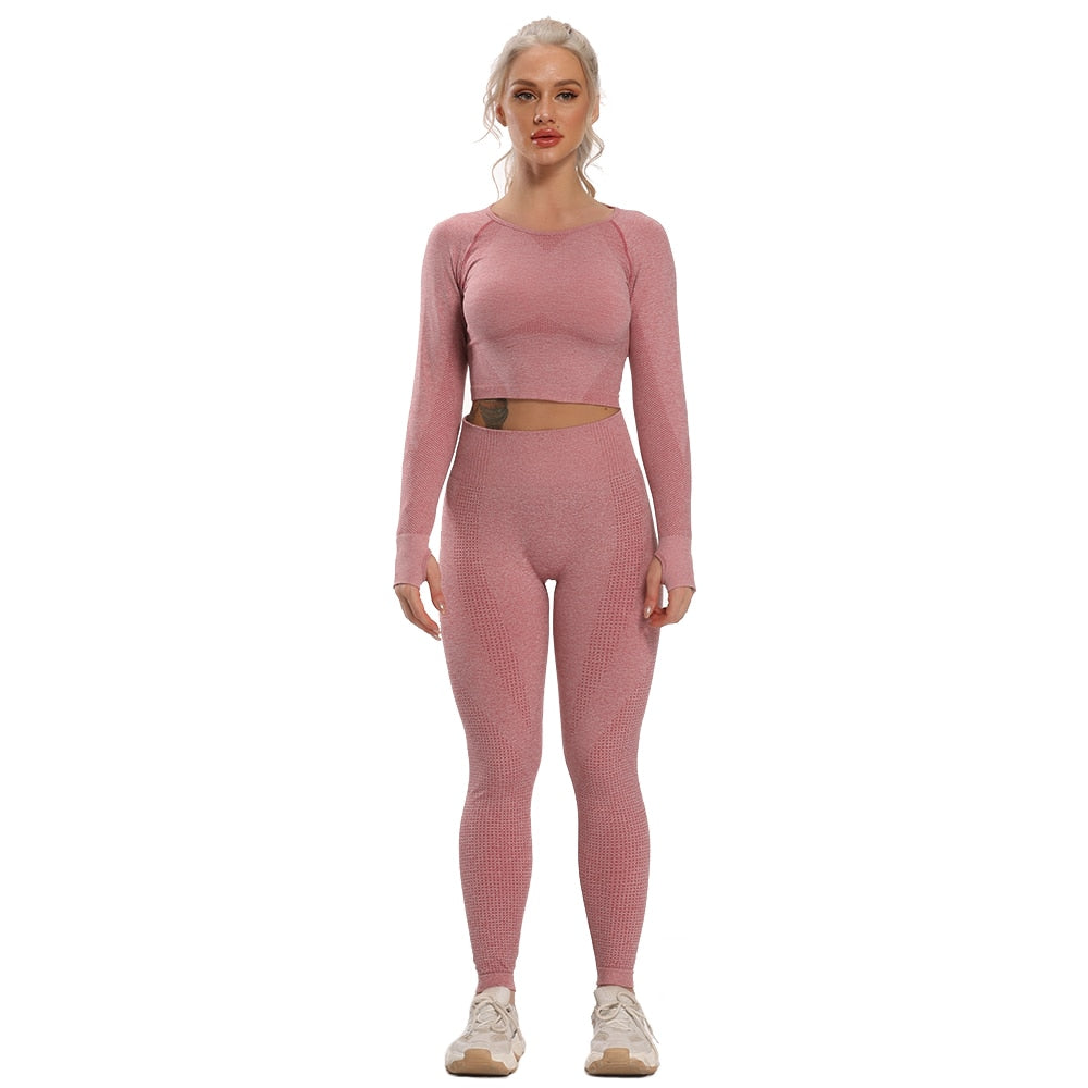 Rosa Enfärgade Seamless Mesh Yogaset Tights Med Hög Midja & Top