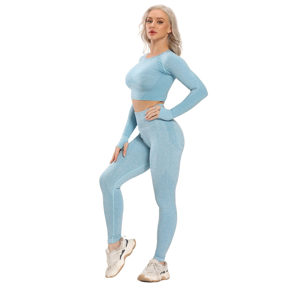 Blå Enfärgade Seamless Mesh Yogaset Tights Med Hög Midja & Top