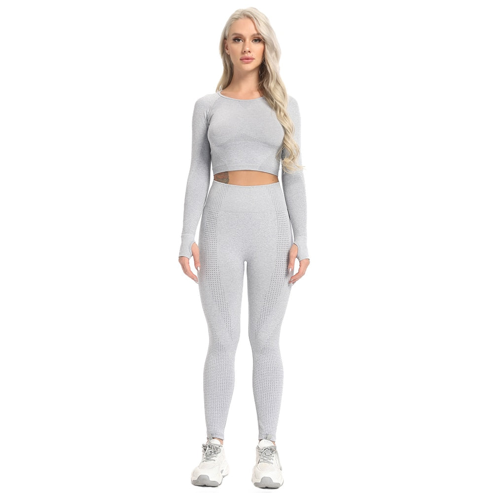 Grå Enfärgade Seamless Mesh Yogaset Tights Med Hög Midja & Top