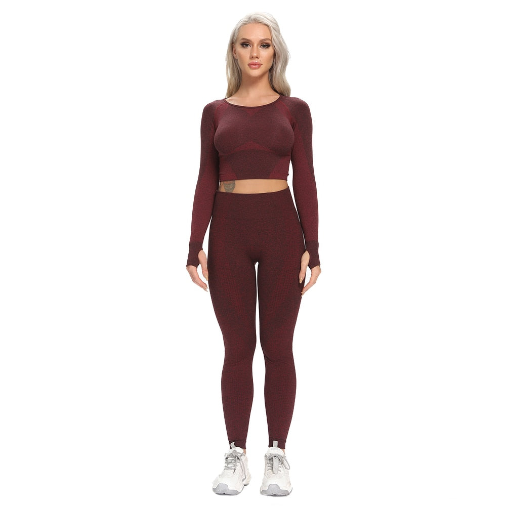 Vinröd Enfärgade Seamless Mesh Yogaset Tights Med Hög Midja & Top