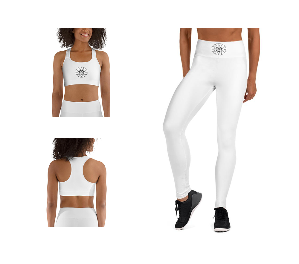 Enfärgad Vit Yoga Set Med Mandala På Midjebandet & BH - Sport BH & Tights