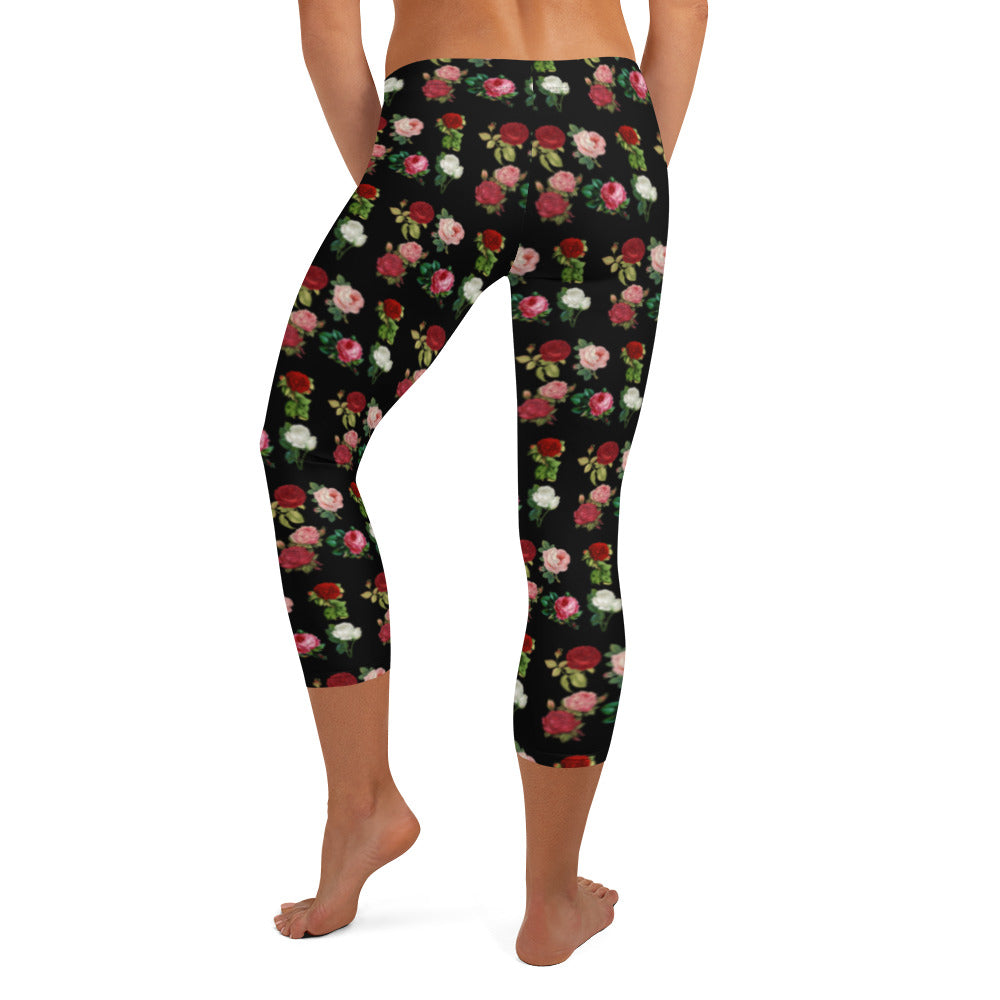 Illustrativa Blommiga Svarta Yogatights Capris Med Medium Midja