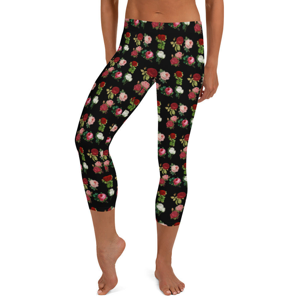 Illustrativa Blommiga Svarta Yogatights Capris Med Medium Midja