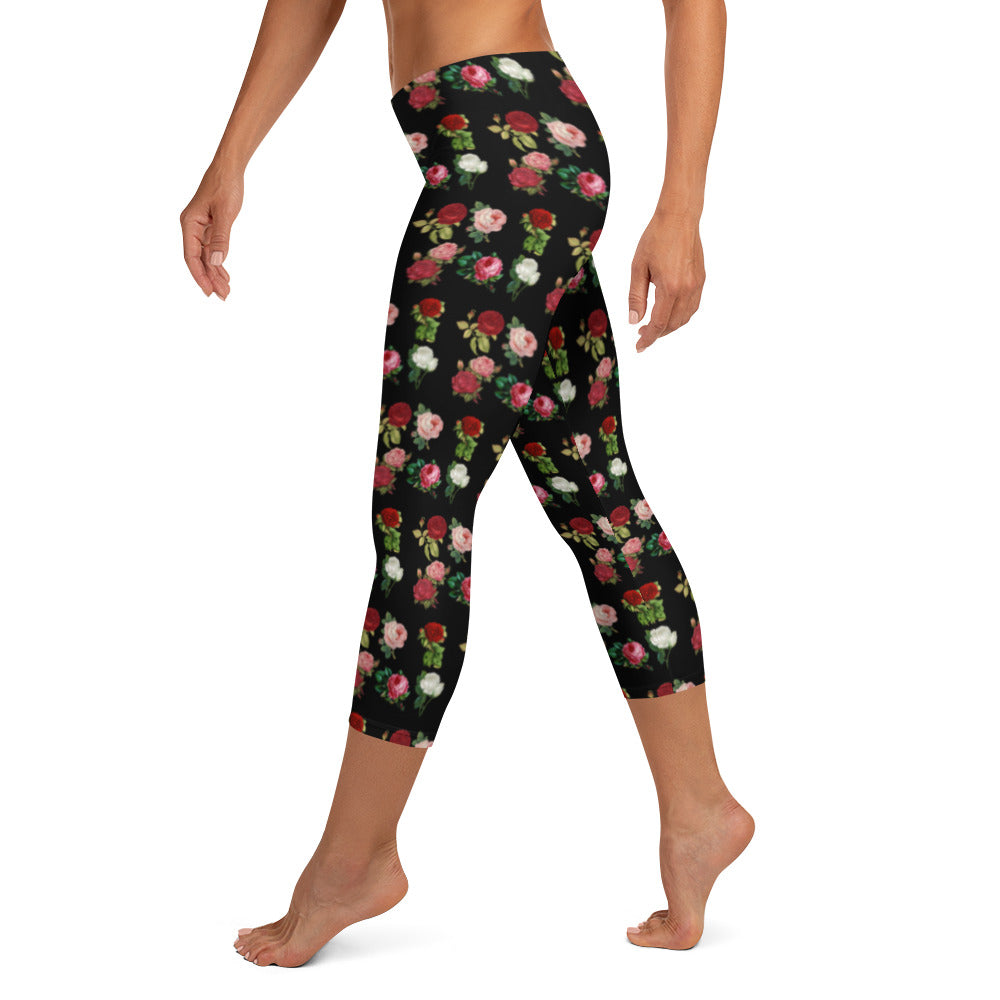 Illustrativa Blommiga Svarta Yogatights Capris Med Medium Midja