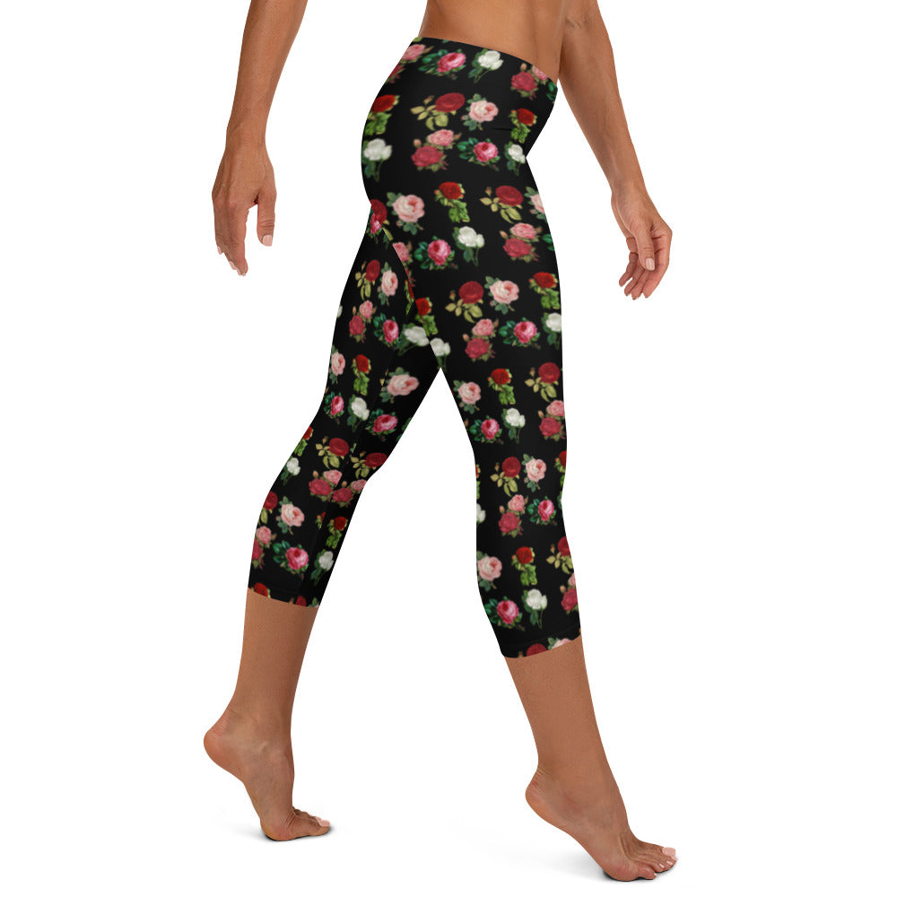 Illustrativa Blommiga Svarta Yogatights Capris Med Medium Midja