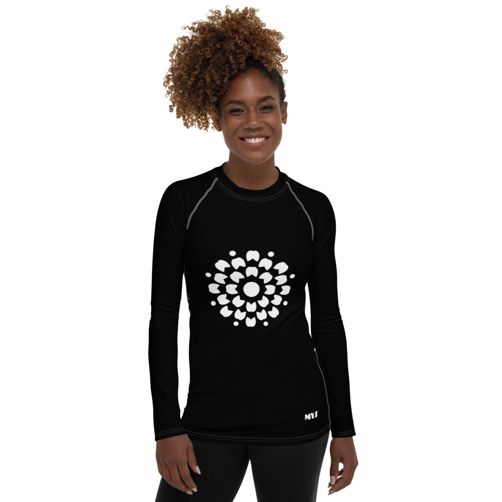 Raglanärm Rash Guard Svart Yoga Tröja - Vit Mandala