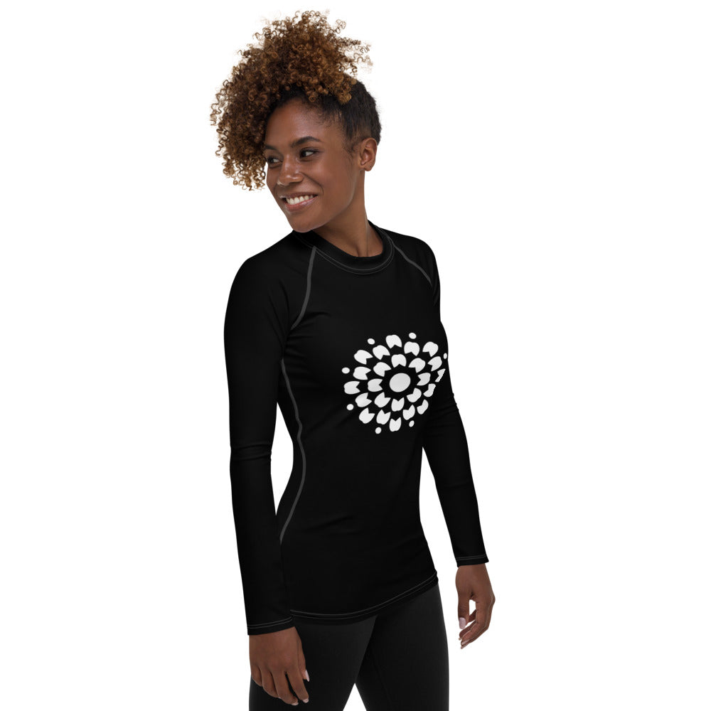 Raglanärm Rash Guard Svart Yoga Tröja - Vit Mandala