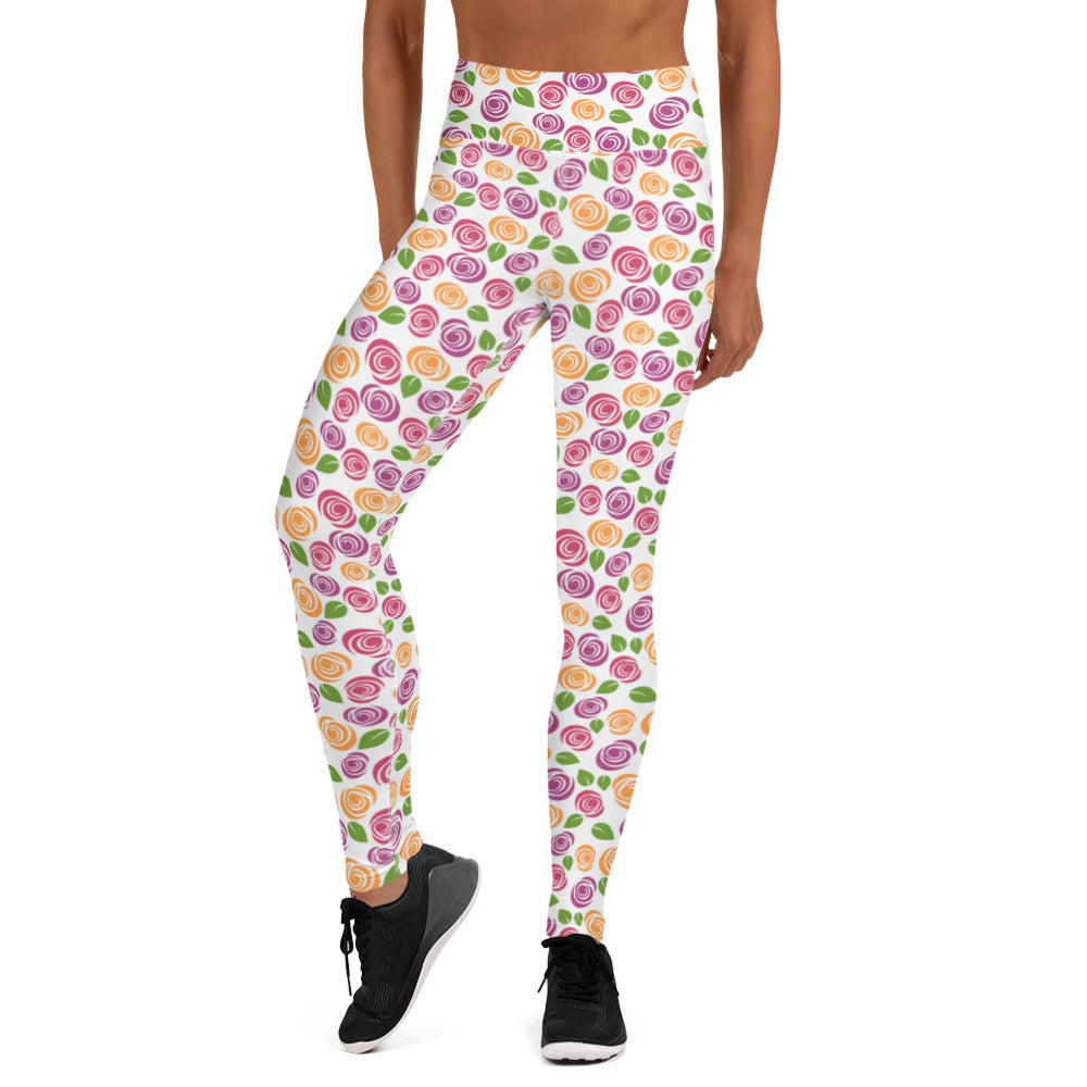 Vita Ros Blommiga Yogatights Leggings Med Hög Midja & Ficka