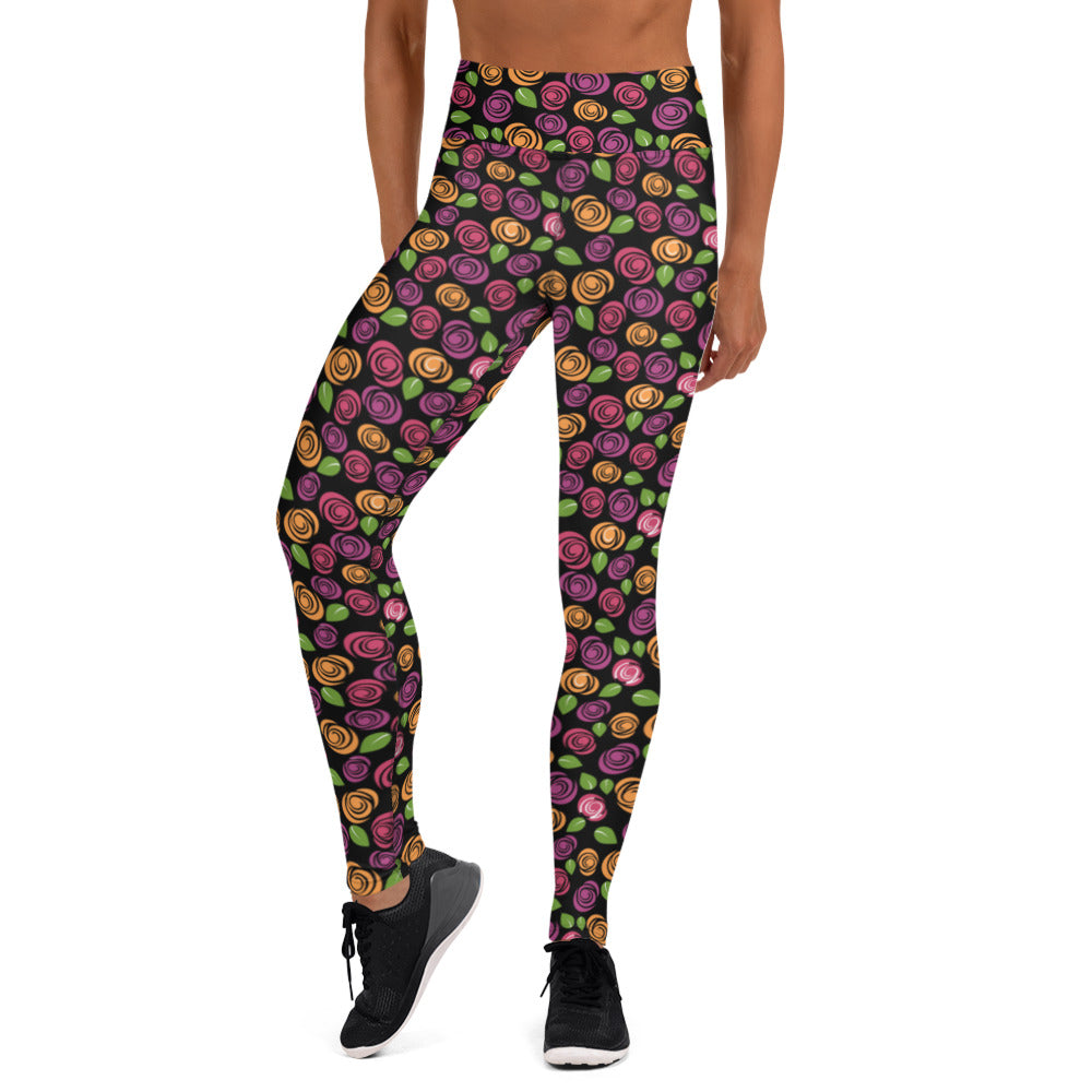 Svarta Ros Blommiga Yogatights Leggings Med Hög Midja & Ficka