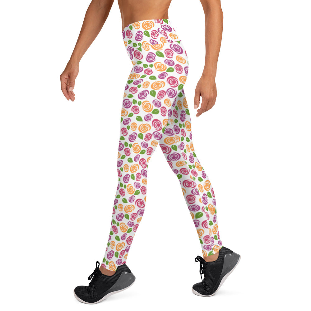 Vita Ros Blommiga Yogatights Leggings Med Hög Midja & Ficka