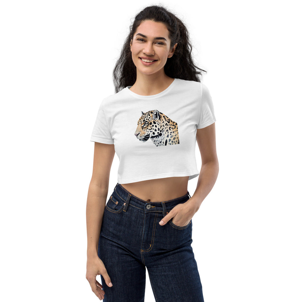 100% Ekologisk Bomull Vit Crop Top Med Leopard Huvud & Korta Ärmar