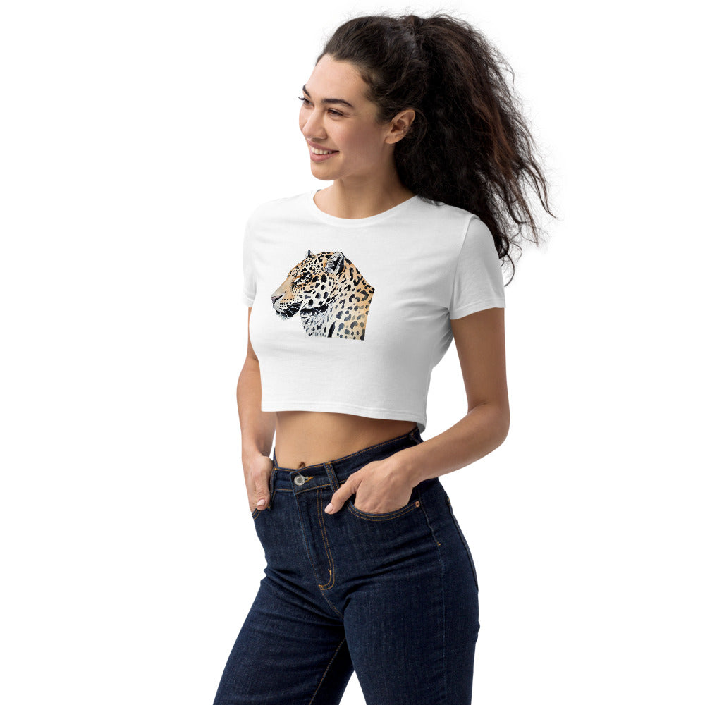 100% Ekologisk Bomull Vit Crop Top Med Leopard Huvud & Korta Ärmar