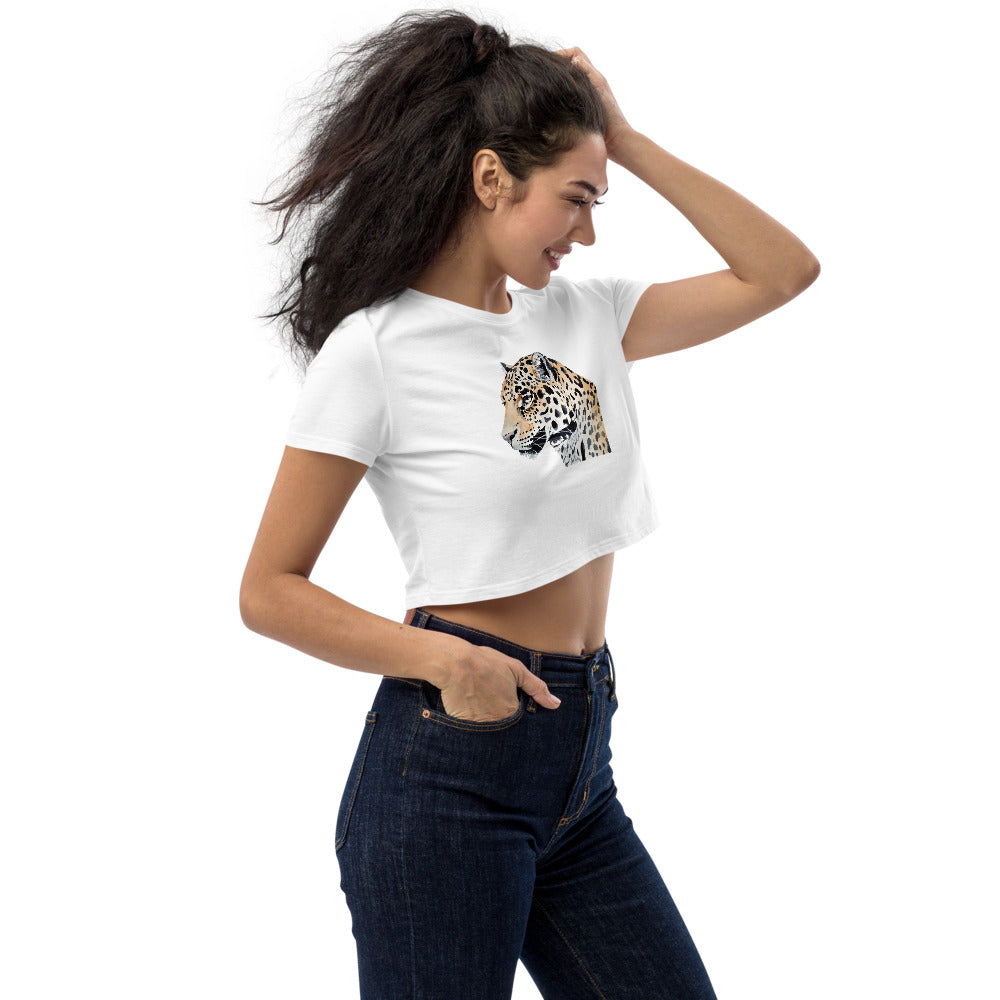 100% Ekologisk Bomull Vit Crop Top Med Leopard Huvud & Korta Ärmar