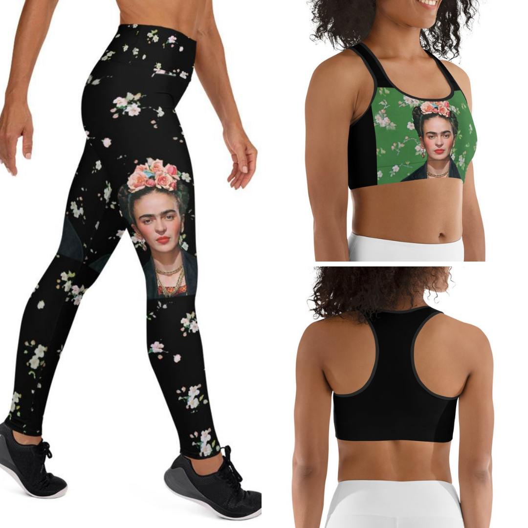 Svart Frida Kahlo Tryck Yoga Set - Sport BH & Yogatights