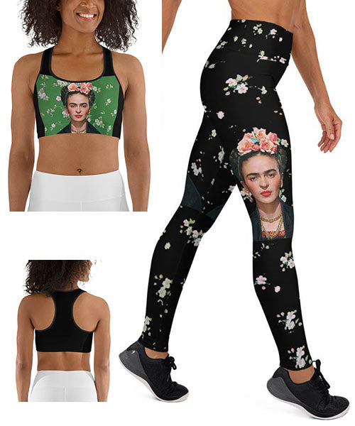 Svart Frida Kahlo Tryck Yoga Set - Sport BH & Yogatights